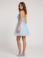Sky Blue Sequins A-Line V-Neck Lace-up Short Dress with Beading - Curvevia
