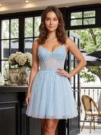 Sky Blue Sequins A-Line V-Neck Lace-up Short Dress with Beading - Curvevia