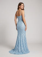 Sky Blue Sequins Mermaid Sweetheart Backless Floor-Length Dress with Sweep Train - Curvevia