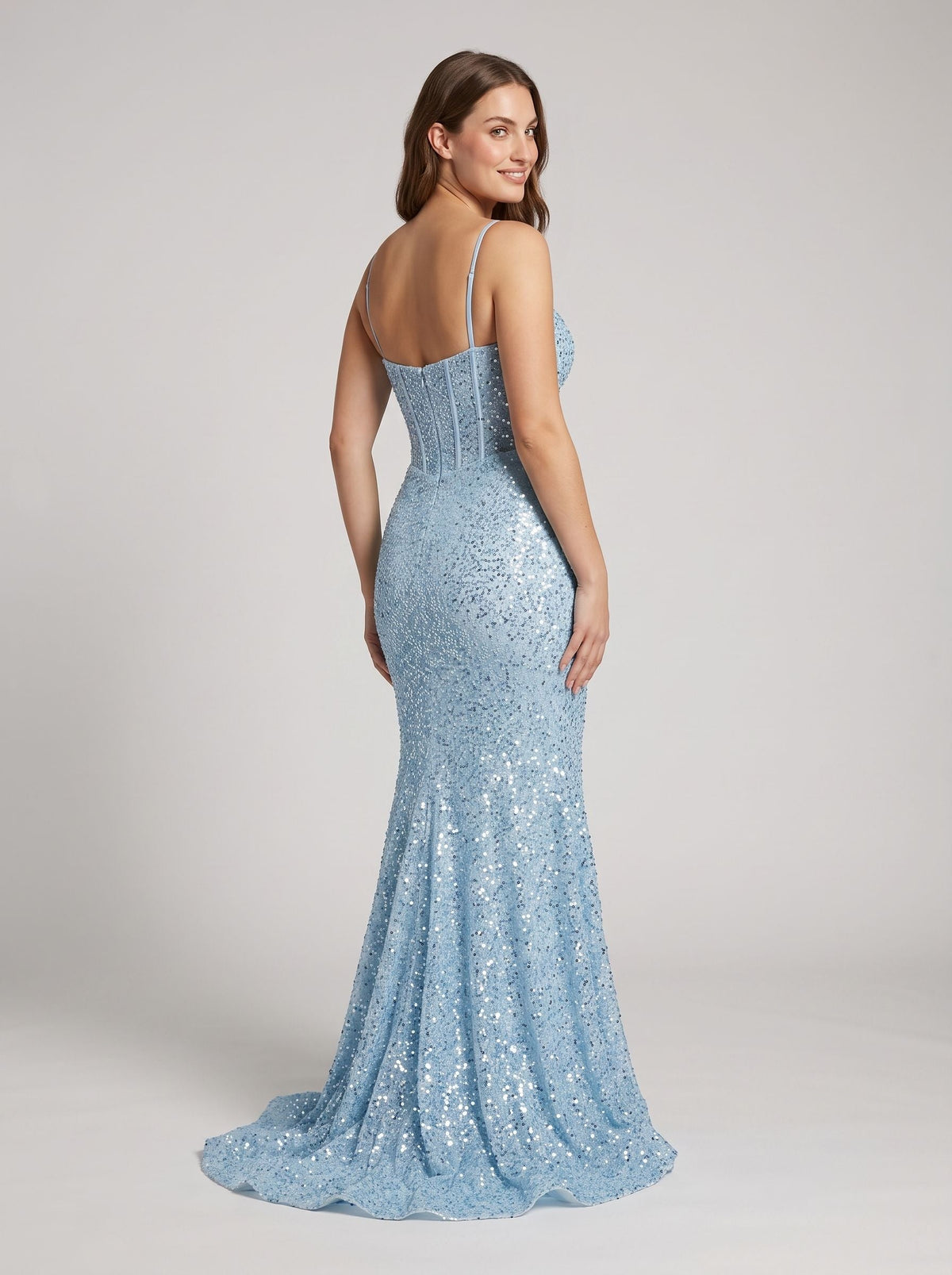 Sky Blue Sequins Mermaid Sweetheart Backless Floor-Length Dress with Sweep Train - Curvevia