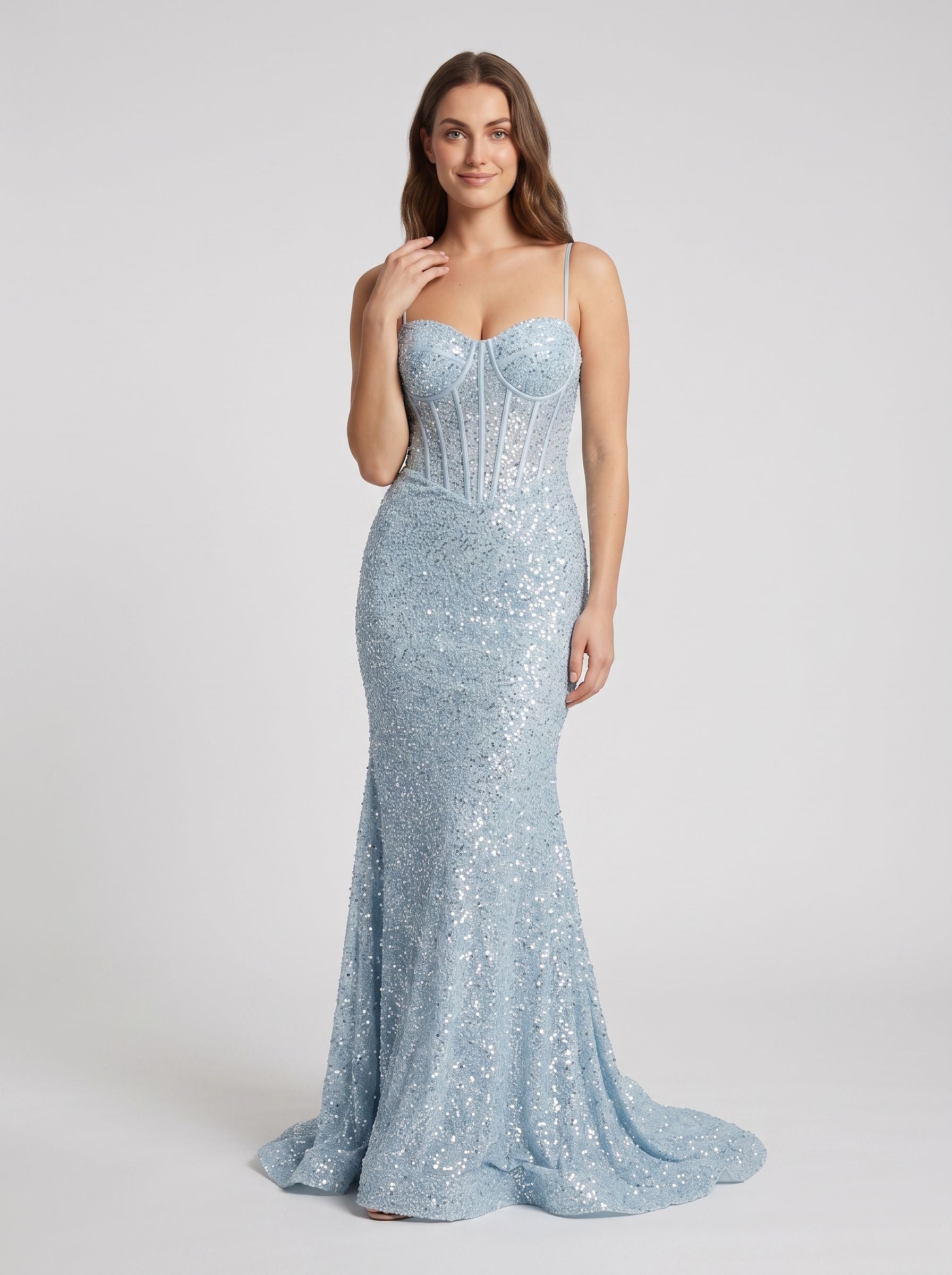 Sky Blue Sequins Mermaid Sweetheart Backless Floor-Length Dress with Sweep Train - Curvevia