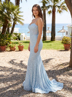 Sky Blue Sequins Mermaid Sweetheart Backless Floor-Length Dress with Sweep Train - Curvevia