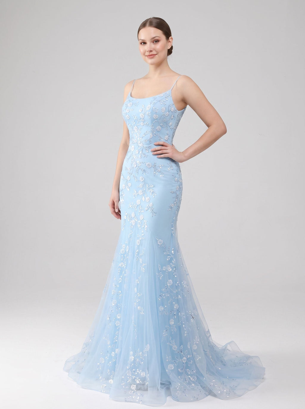 Sky Blue Tulle Mermaid Scoop Neck Lace-up Floor-Length Dress with Sequined Appliques - Curvevia