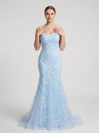 Sky Blue Tulle Mermaid Scoop Neck Lace-up Floor-Length Dress with Sequined Appliques - Curvevia
