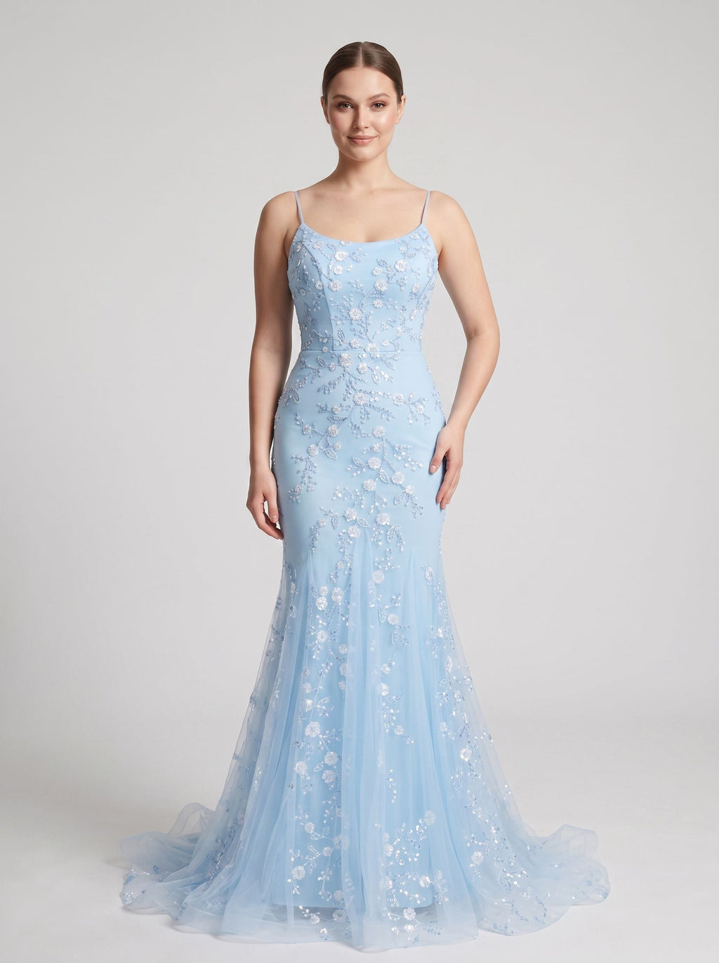 Sky Blue Tulle Mermaid Scoop Neck Lace-up Floor-Length Dress with Sequined Appliques - Curvevia