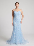 Sky Blue Tulle Mermaid Scoop Neck Lace-up Floor-Length Dress with Sequined Appliques - Curvevia