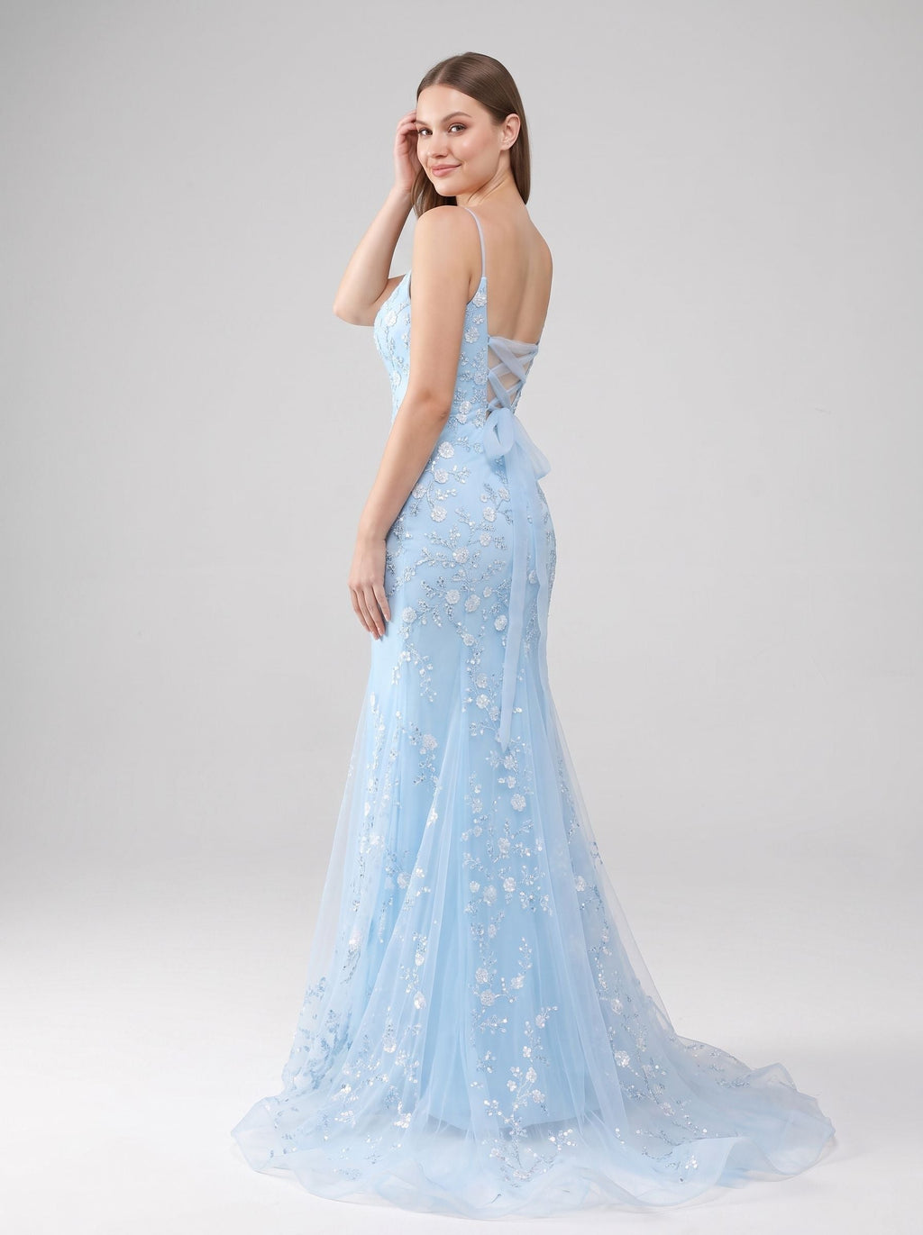 Sky Blue Tulle Mermaid Scoop Neck Lace-up Floor-Length Dress with Sequined Appliques - Curvevia