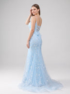 Sky Blue Tulle Mermaid Scoop Neck Lace-up Floor-Length Dress with Sequined Appliques - Curvevia