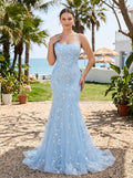 Sky Blue Tulle Mermaid Scoop Neck Lace-up Floor-Length Dress with Sequined Appliques - Curvevia
