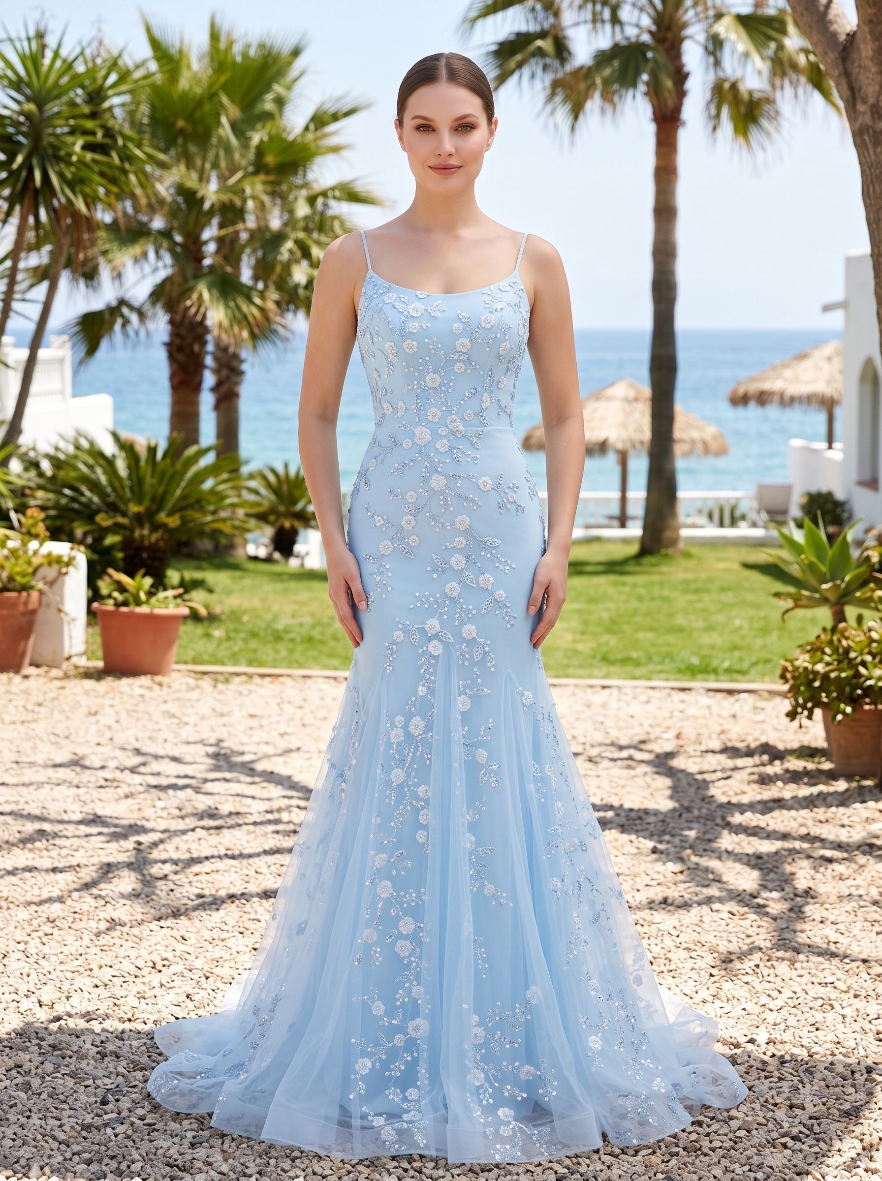 Sky Blue Tulle Mermaid Scoop Neck Lace-up Floor-Length Dress with Sequined Appliques - Curvevia