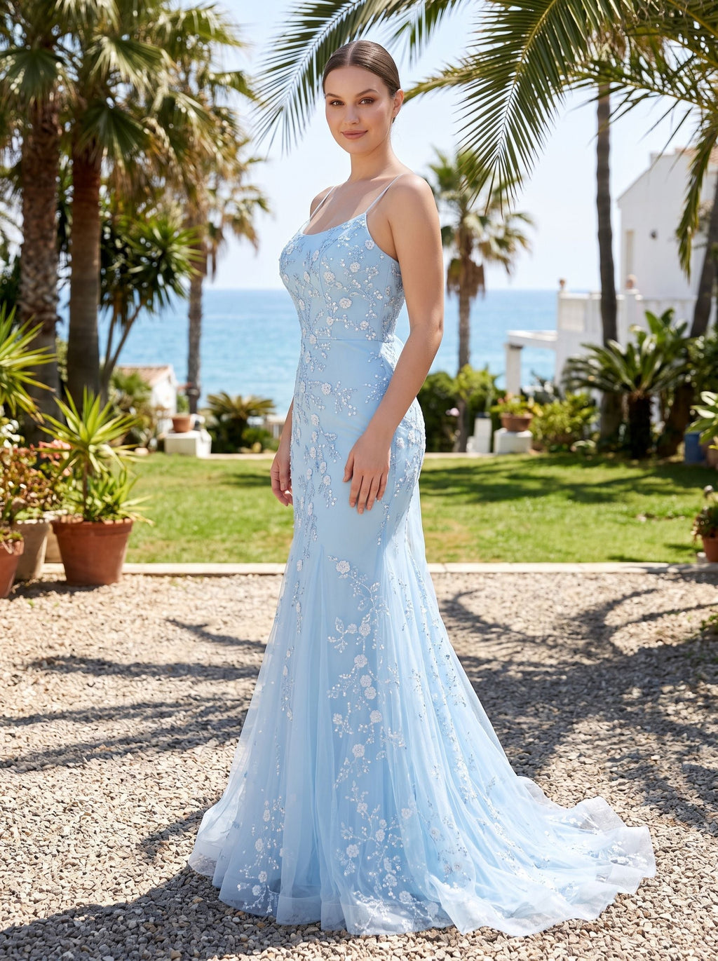Sky Blue Tulle Mermaid Scoop Neck Lace-up Floor-Length Dress with Sequined Appliques - Curvevia