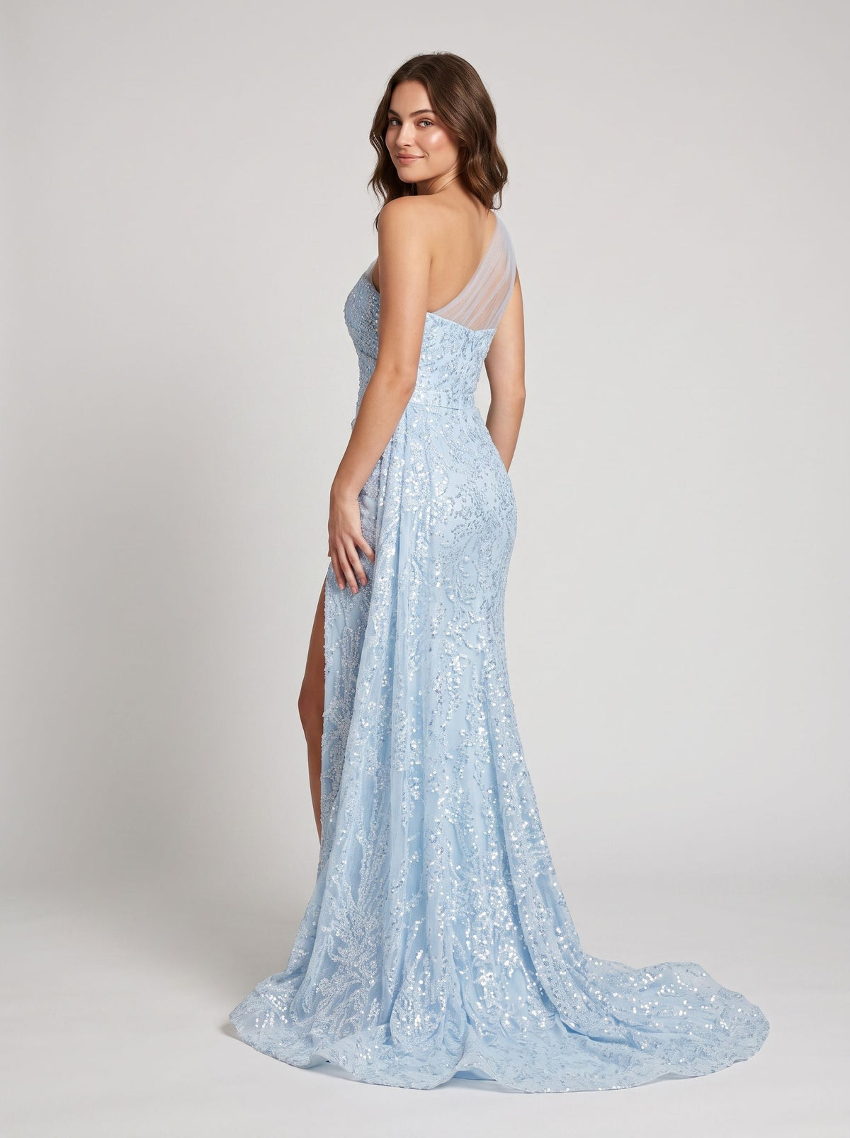 Sky Blue Sequins Sheath One Shoulder Side Zip Floor-Length Dress with Beading - Curvevia