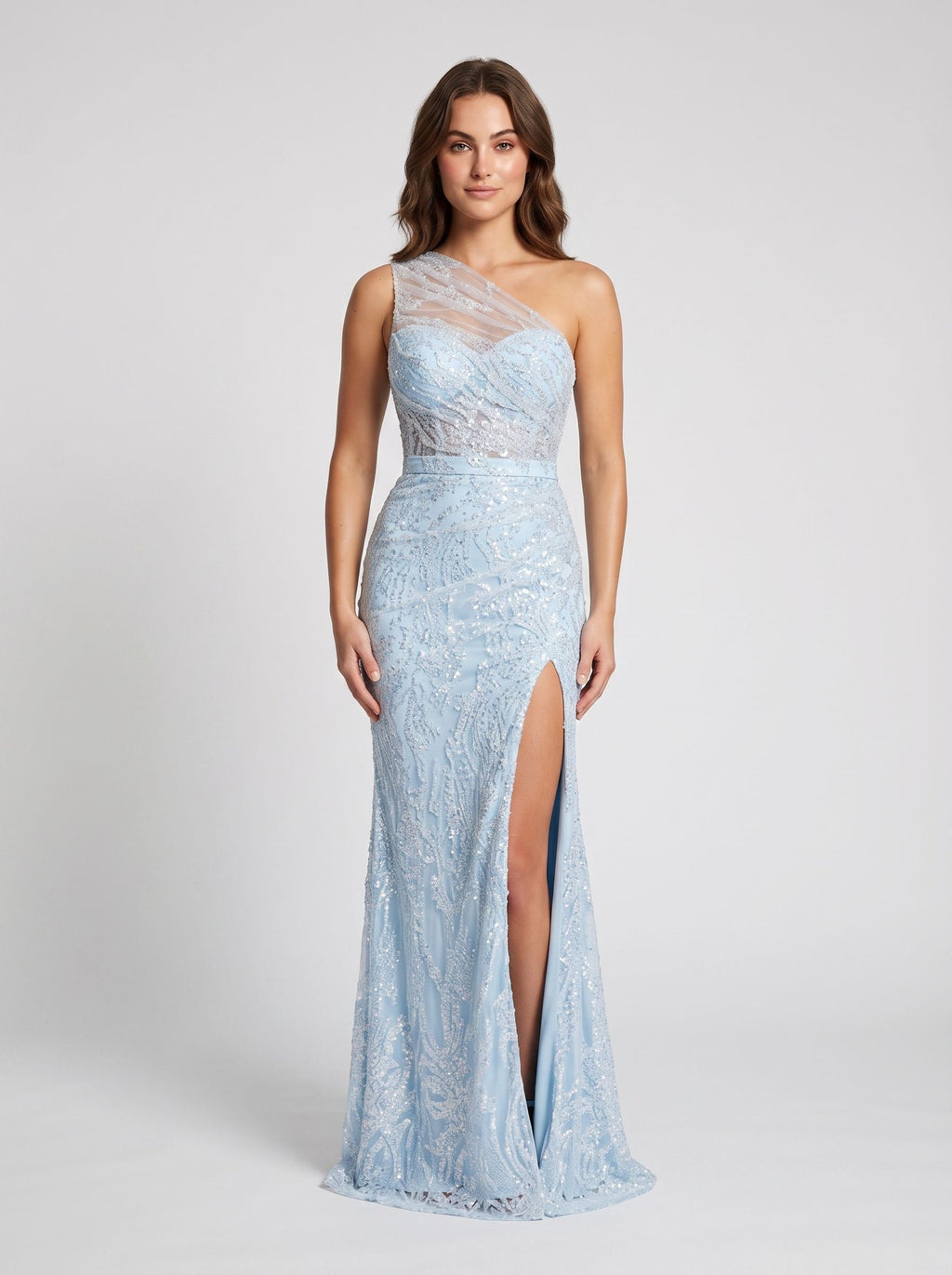 Sky Blue Sequins Sheath One Shoulder Side Zip Floor-Length Dress with Beading - Curvevia