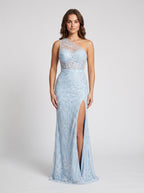 Sky Blue Sequins Sheath One Shoulder Side Zip Floor-Length Dress with Beading - Curvevia