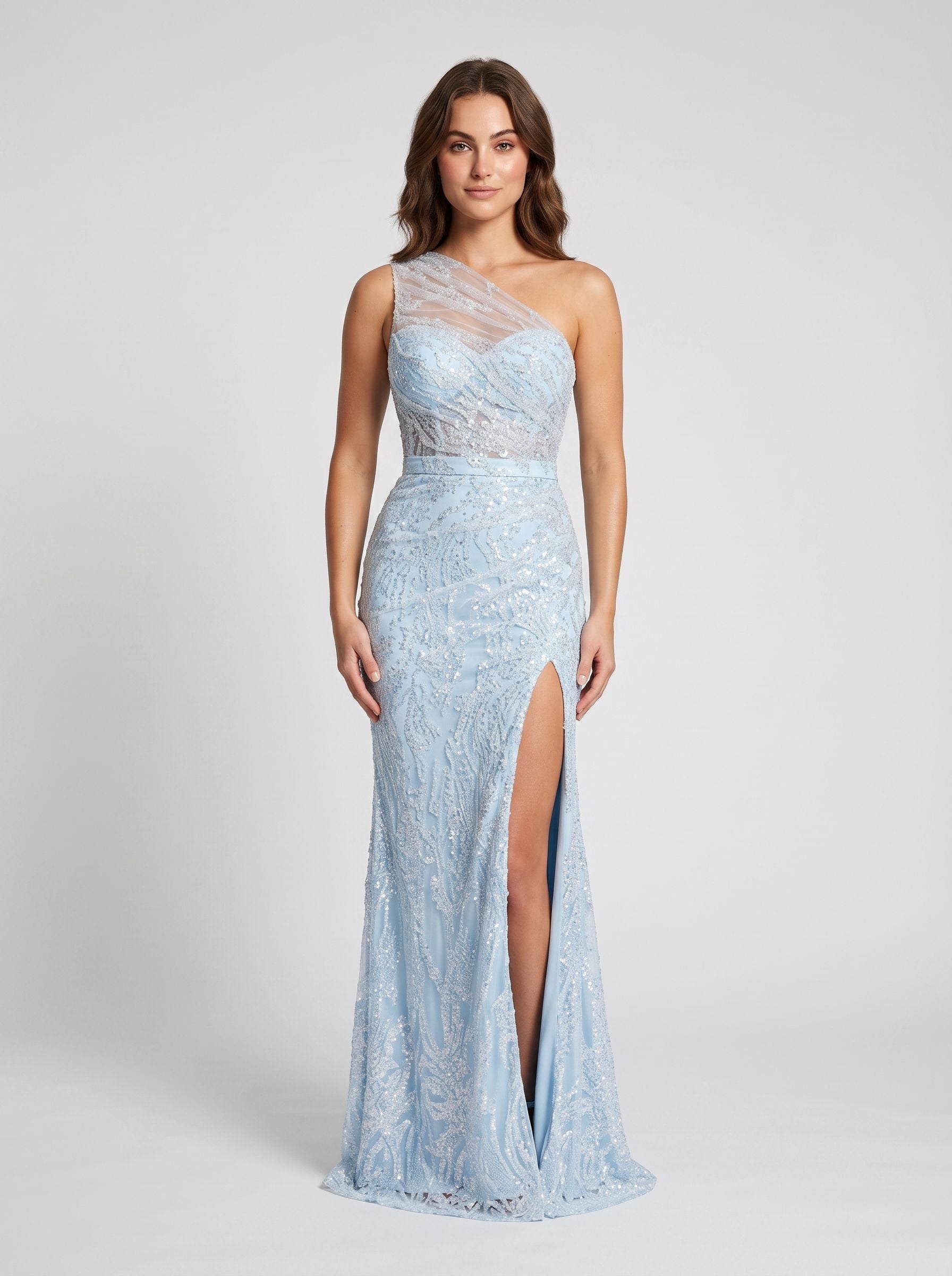 Sky Blue Sequins Sheath One Shoulder Side Zip Floor-Length Dress with Beading - Curvevia