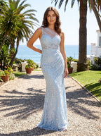 Sky Blue Sequins Sheath One Shoulder Side Zip Floor-Length Dress with Beading - Curvevia