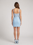 Sky Blue Sequins Column Sweetheart Back Zip Short Dress with Beaded Straps - Curvevia