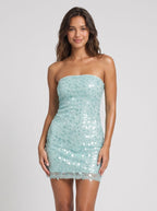 Sky Blue Sequins Sheath Straight Neck Side Zip Short Dress with Allover Shimmer - Curvevia