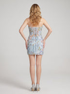 Sky Blue Sequins Sheath Sweetheart Neckline Lace-up Short Dress with Floral Pattern - Curvevia