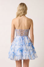 Sky Blue A Line Sweetheart Floral Lace Corset Ruffled Wedding Guest Dress - Curvevia