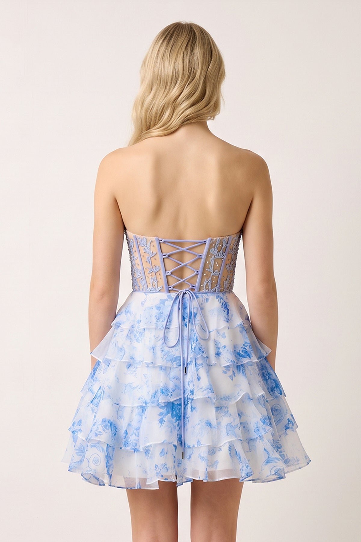 Sky Blue A Line Sweetheart Floral Lace Corset Ruffled Wedding Guest Dress - Curvevia