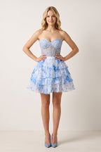 Sky Blue A Line Sweetheart Floral Lace Corset Ruffled Wedding Guest Dress - Curvevia