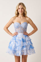 Sky Blue A Line Sweetheart Floral Lace Corset Ruffled Wedding Guest Dress - Curvevia