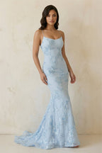 Sky Blue Spaghetti Straps Mermaid Tulle Long Prom Dresses With Appliques - Curvevia