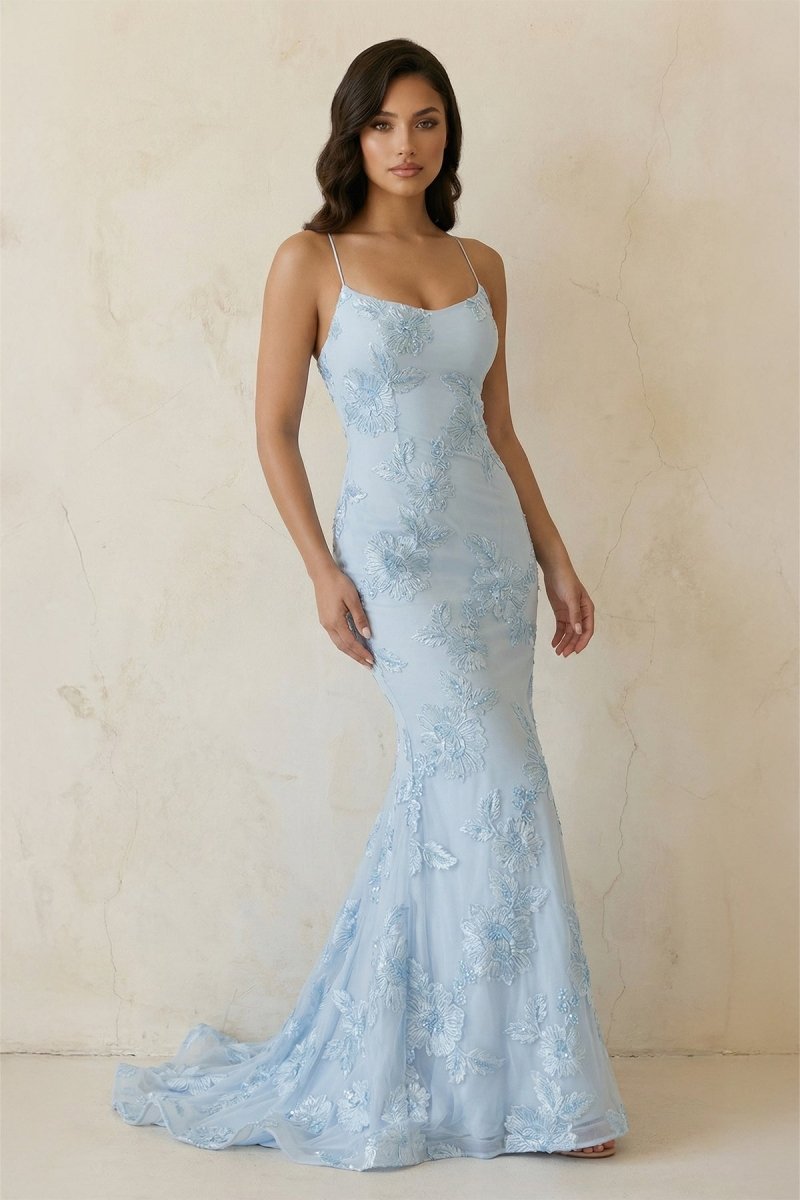 Sky Blue Spaghetti Straps Mermaid Tulle Long Prom Dresses With Appliques - Curvevia