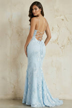 Sky Blue Spaghetti Straps Mermaid Tulle Long Prom Dresses With Appliques - Curvevia