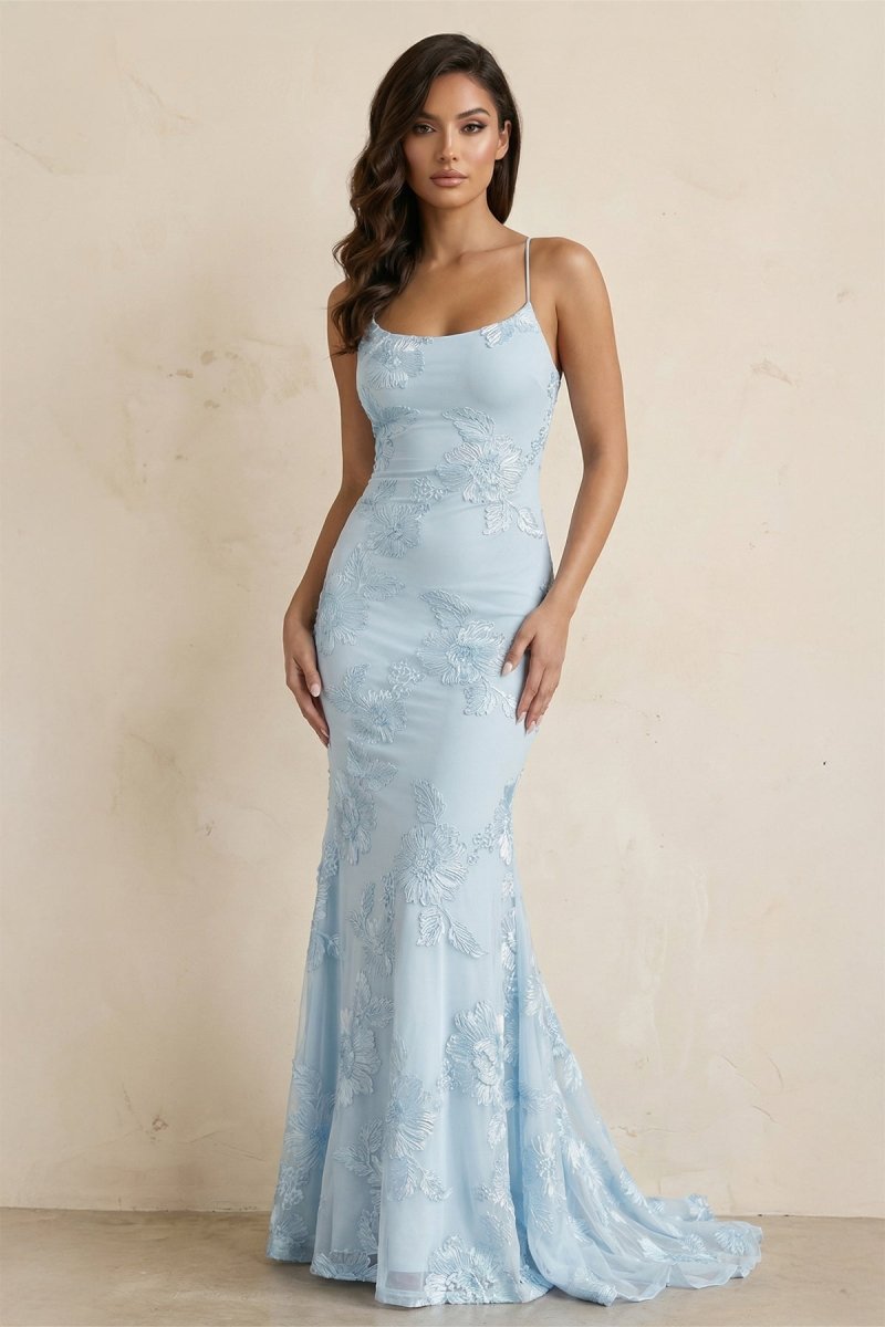 Sky Blue Spaghetti Straps Mermaid Tulle Long Prom Dresses With Appliques - Curvevia