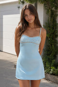 Sky Blue Spaghetti Straps Satin Sheath Homecoming Dress With Rhinestones - Curvevia