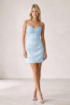 Champagne Spaghetti Straps Sheath Rhinestones Satin Homecoming Dress with Tie Back - Curvevia
