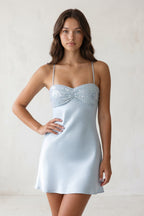 Sky Blue Spaghetti Straps Sheath Satin Homecoming Dress With Sequins - Curvevia