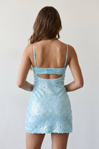 Sky Blue Sparkly Spaghetti Straps Sheath Satin Homecoming Dress With Sequins - Curvevia