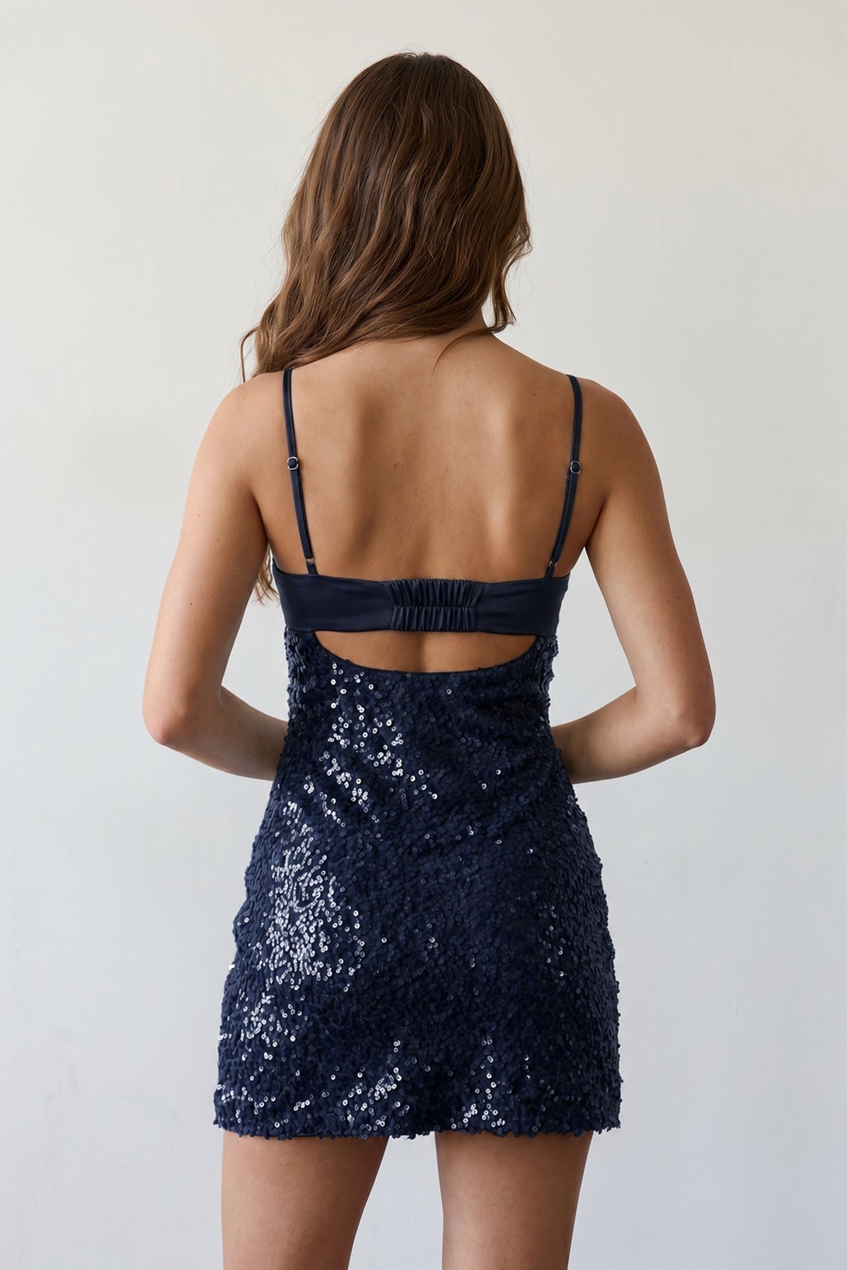 Sky Blue Sparkly Spaghetti Straps Sheath Satin Homecoming Dress With Sequins - Curvevia