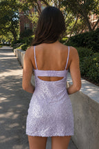 Sky Blue Sparkly Spaghetti Straps Sheath Satin Homecoming Dress With Sequins - Curvevia