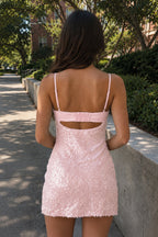 Sky Blue Sparkly Spaghetti Straps Sheath Satin Homecoming Dress With Sequins - Curvevia