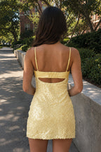 Sky Blue Sparkly Spaghetti Straps Sheath Satin Homecoming Dress With Sequins - Curvevia