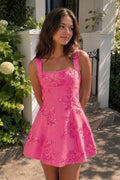 Sky Blue Square Neck Embroidered Flower Lace A-Line Homecoming Dress - Curvevia