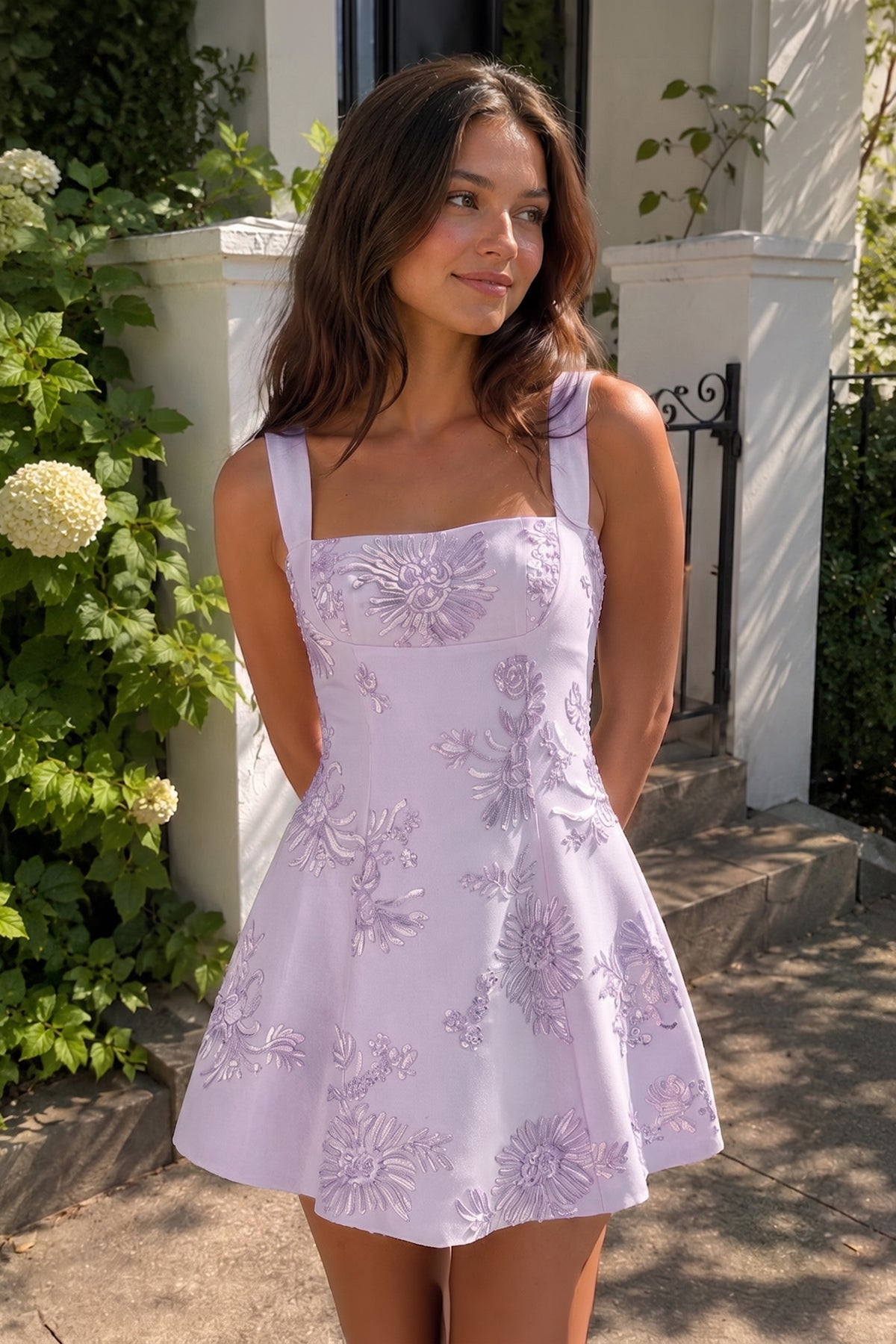 Sky Blue Square Neck Embroidered Flower Lace A-Line Homecoming Dress - Curvevia