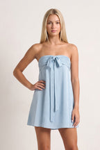 Sky Blue Strapless A-Line Satin Homecoming Dress with Ribbon - Curvevia