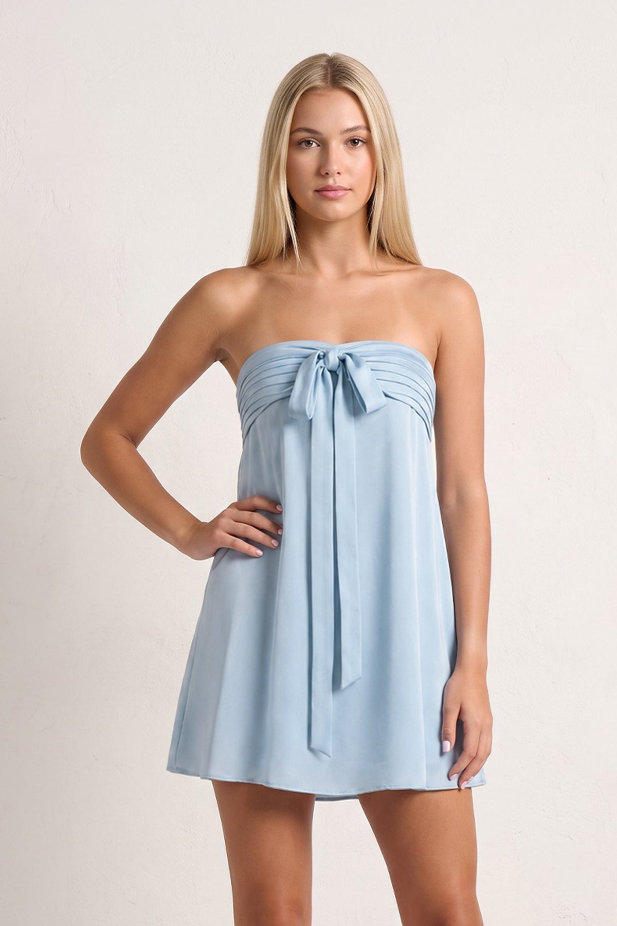 Sky Blue Strapless A-Line Satin Homecoming Dress with Ribbon - Curvevia