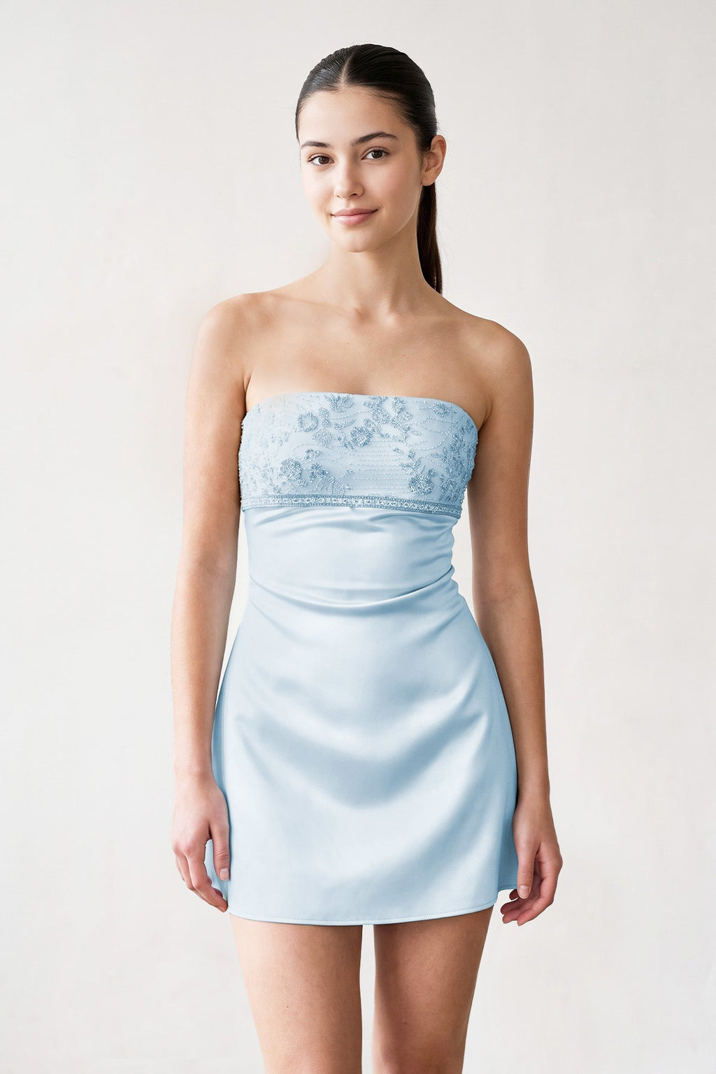 Aqua Strapless Appliqued Satin Sheath Homecoming Dress - Curvevia