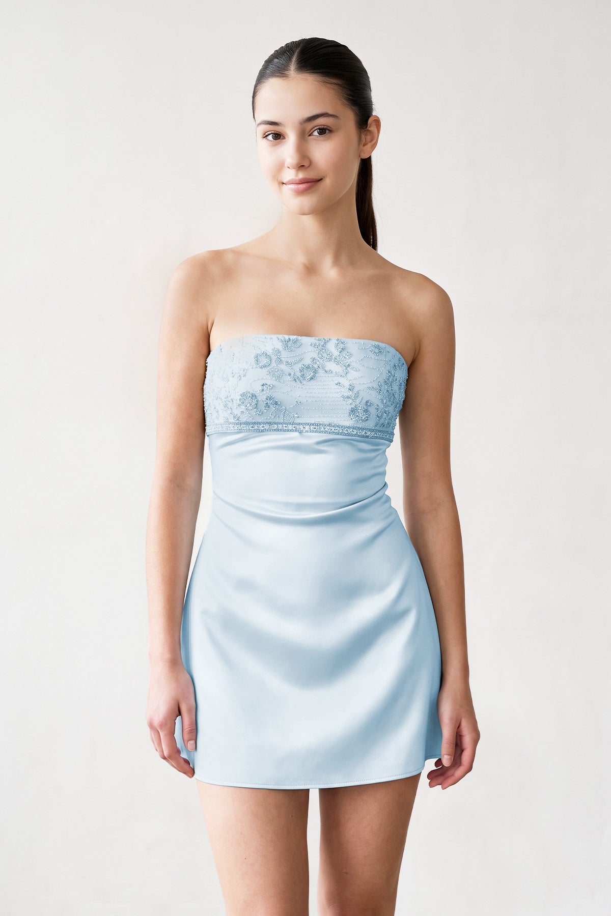 Aqua Strapless Appliqued Satin Sheath Homecoming Dress - Curvevia
