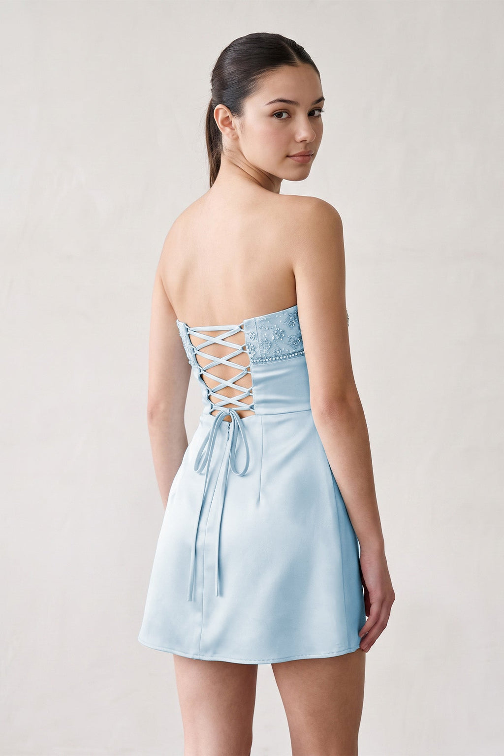 Aqua Strapless Appliqued Satin Sheath Homecoming Dress - Curvevia
