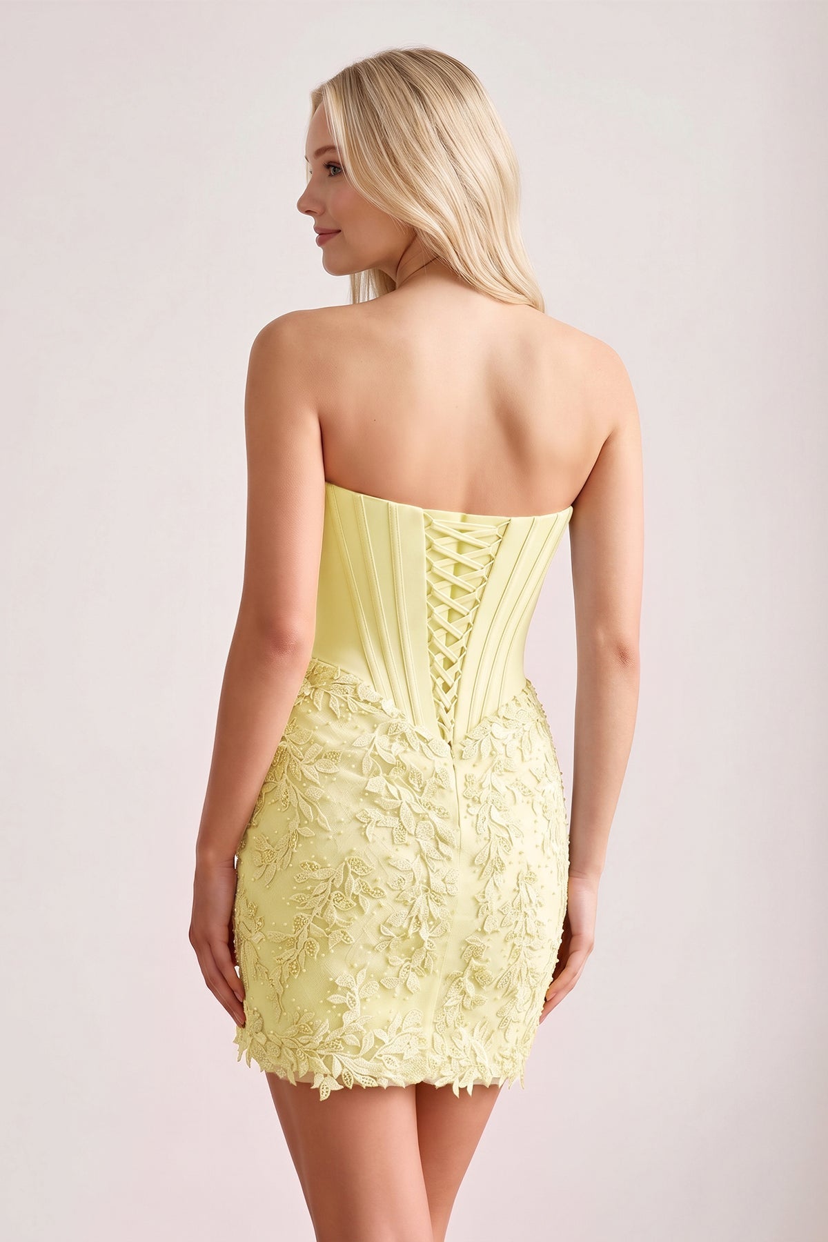 Sky Blue Strapless Embroidered Lace Sheath Corset Homecoming Dress - Curvevia