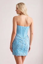 Sky Blue Strapless Embroidered Lace Sheath Corset Homecoming Dress - Curvevia