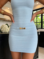 Sky Blue Stretch Knit Sheath Scoop Neck Backless Short Dress with Padded Bodice - Curvevia