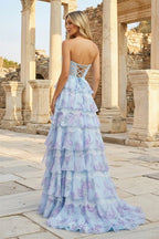 Sky Blue Sweetheart A Line Floral Chiffon Ruffled Long Evening Dress With Slit - Curvevia